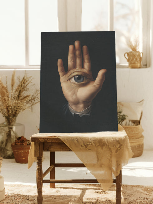 A high-contrast matte canvas print featuring a surrealist artwork. Centered against a dark, textured charcoal background, a realistic, pale hand is held up, palm forward. Embedded in the center of the palm is a detailed, light blue human eye, looking directly at the viewer. The hand emerges from a formal, dark suit cuff with a white ruffled sleeve, adding a touch of vintage, academic style. The overall mood is mysterious, gothic, and scholarly, suitable for dark academia or maximalist decor.